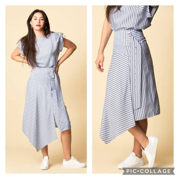 Tibi Blue Striped Asymmetric Shirting Midi Skirt 4 Stripe Blue - Picture 1 of 12